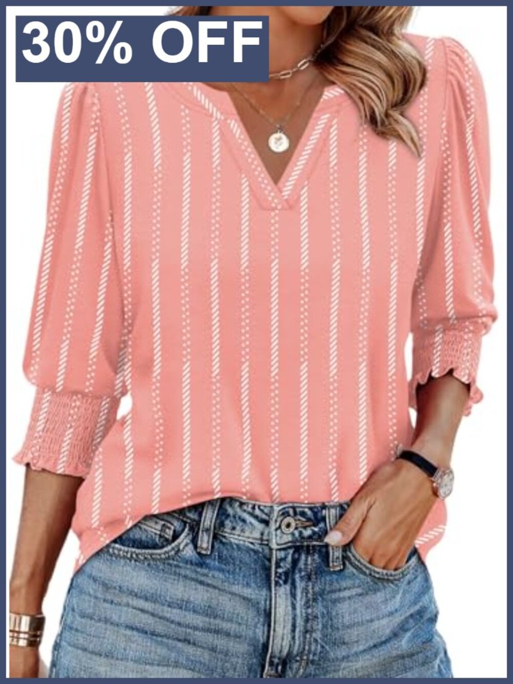 Women's V-Neck 3/4 Sleeve Smocked Cuff Blouse Dressy Casual Top